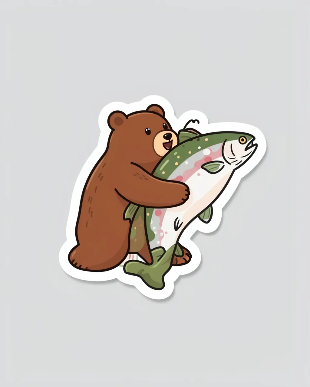 Cute die-cut sticker of a brown bear holding a large leaping salmon on a light gray background