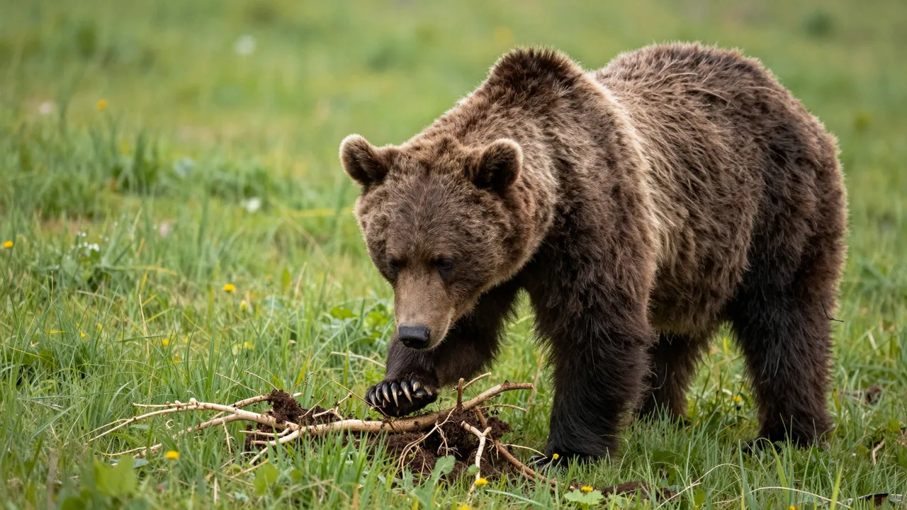 A brown bear with a prominent shoulder hump holds its dirt-dusted claw over unearthed roots in a grassy meadow