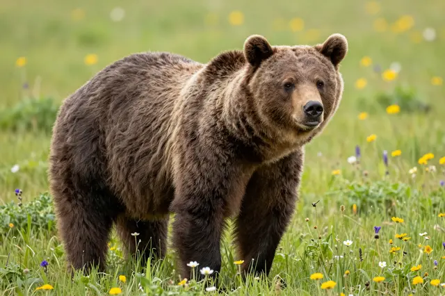 A large brown bear stands alert in a sunlit meadow dotted with colorful wildflowers.