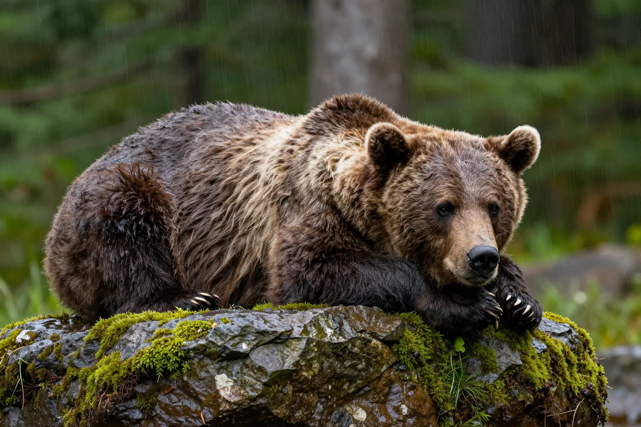 A wet brown bear rests its head and paws on a mossy rock while rain falls in a forest.