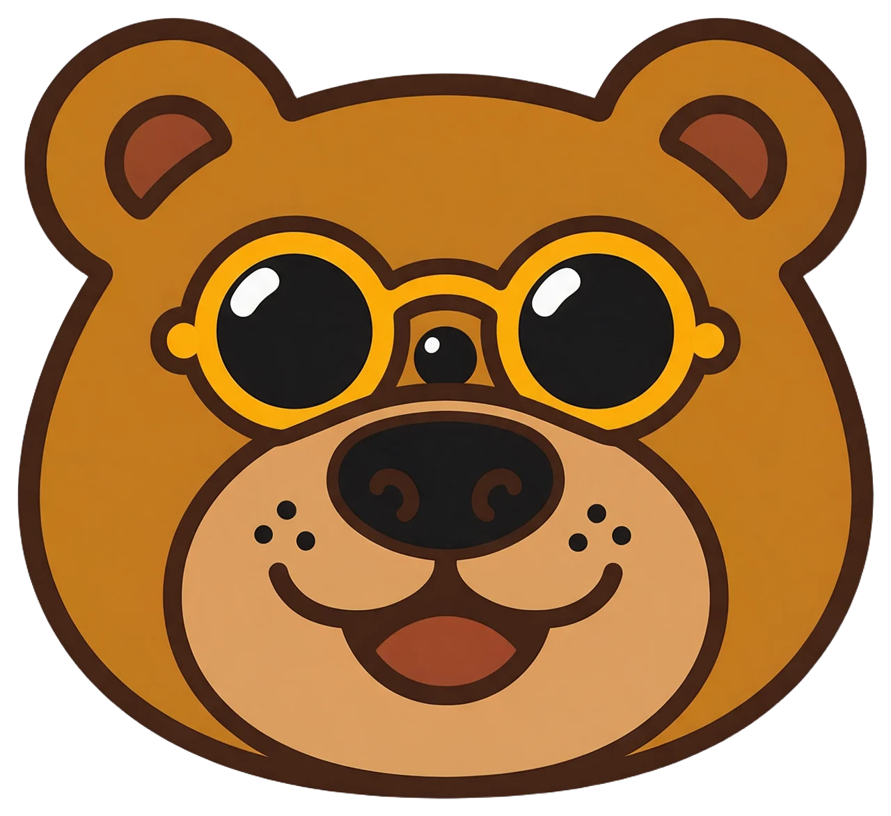 Cartoon illustration of a friendly brown bear head wearing yellow round sunglasses