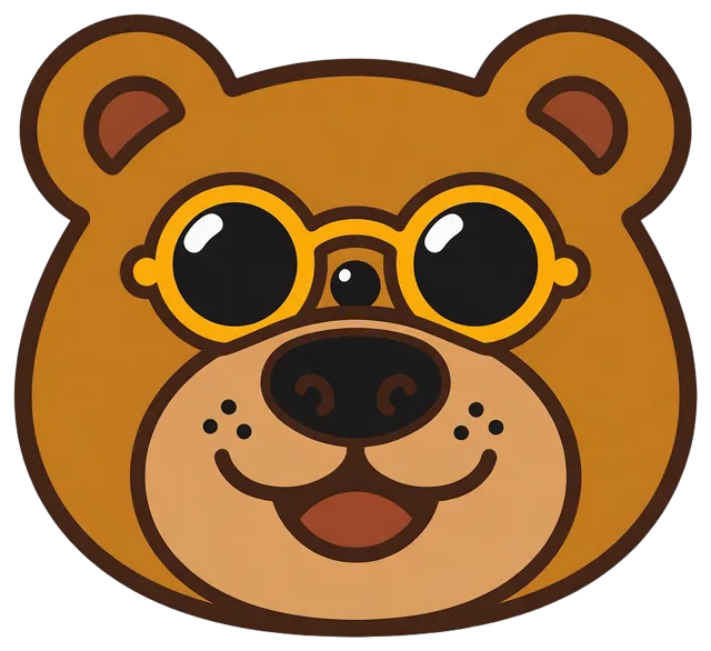 Cartoon illustration of a friendly brown bear head wearing yellow round sunglasses