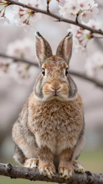 A fluffy brown rabbit sits on a branch framed by blooming pale pink cherry blossom branches