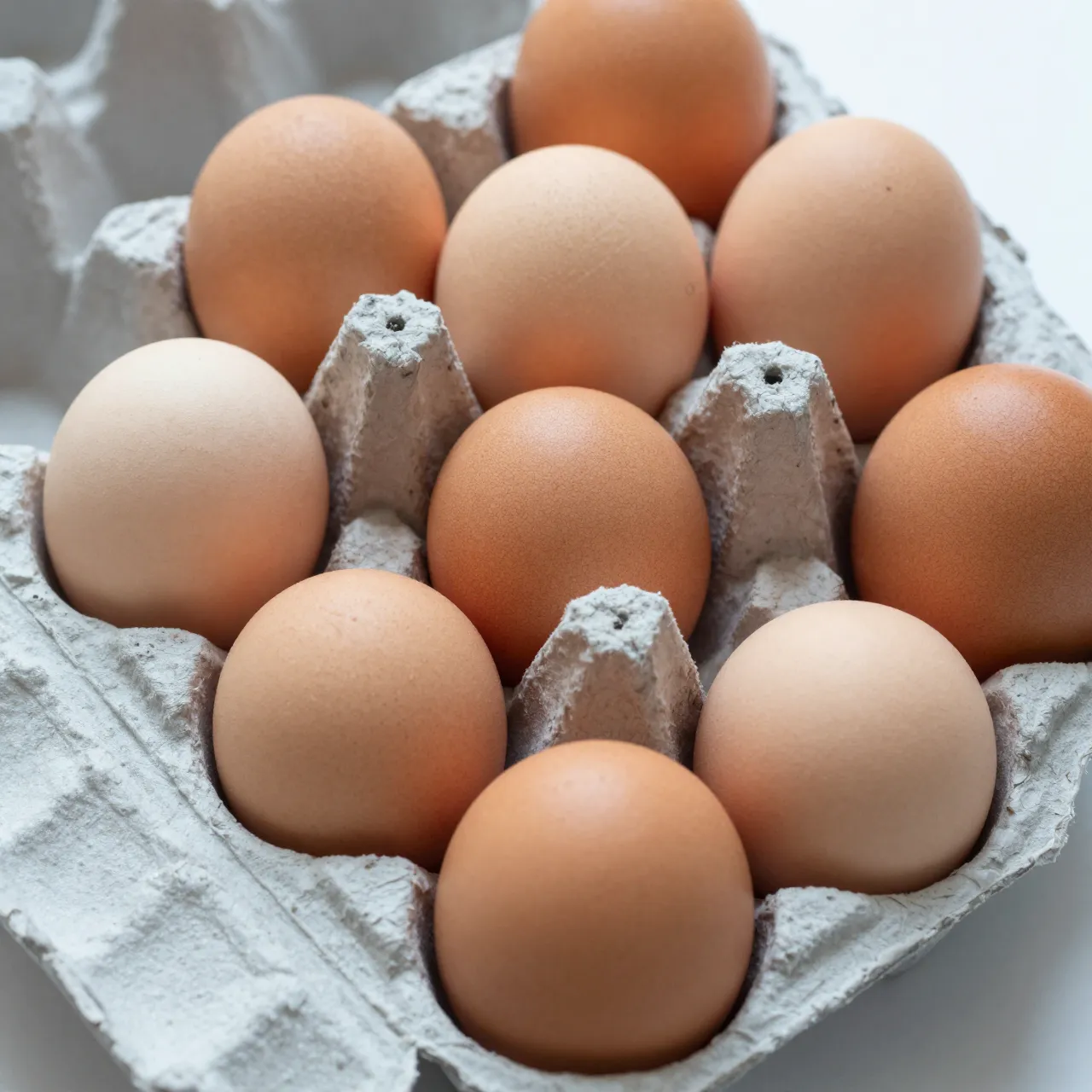 Top down view of assorted brown chicken eggs arranged in a plain gray paper egg carton