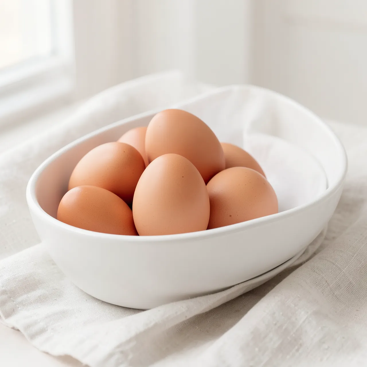 Several brown chicken eggs rest in a white ceramic bowl set on a linen cloth near a sunlit window