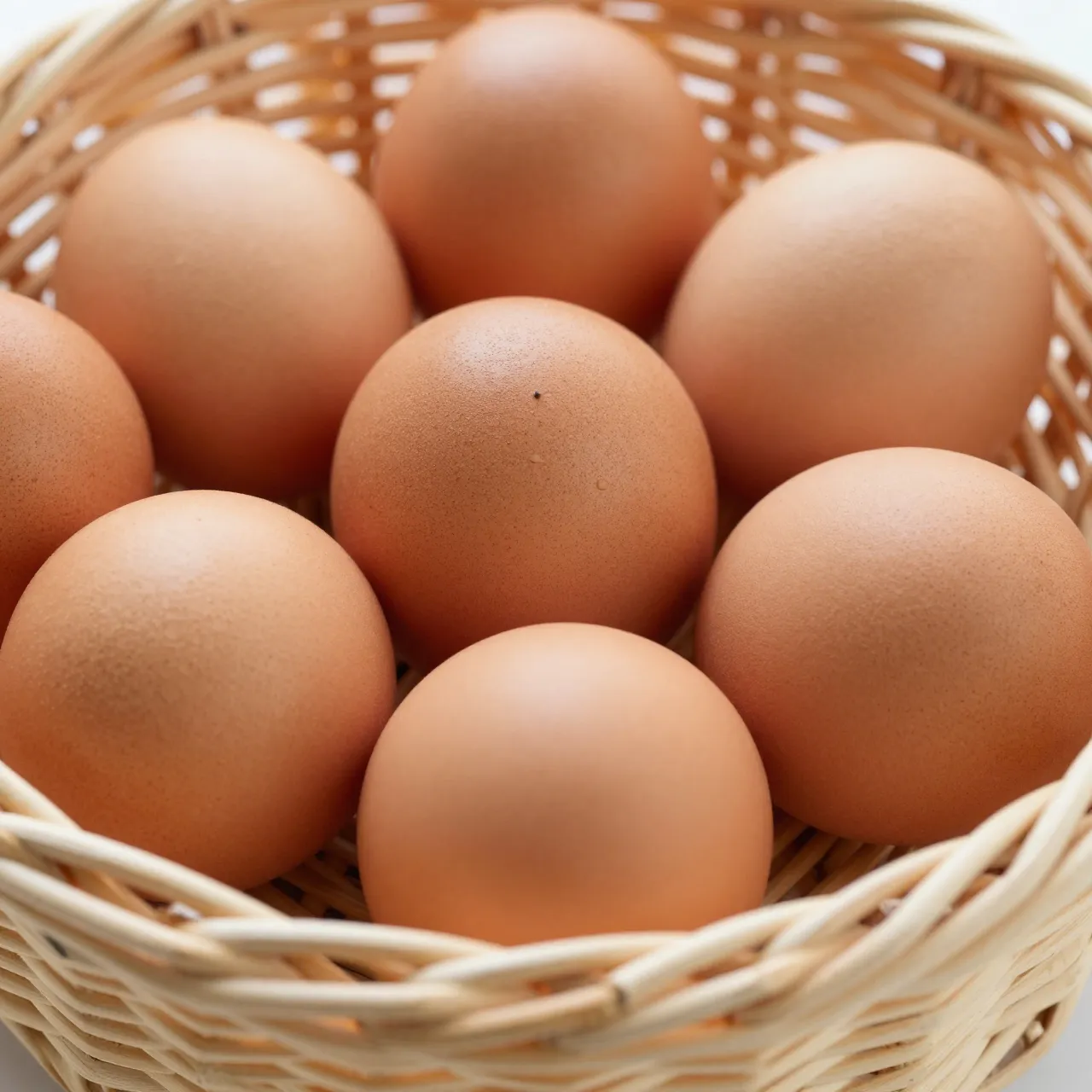 Close-up of whole brown chicken eggs arranged neatly inside a light woven wicker basket.
