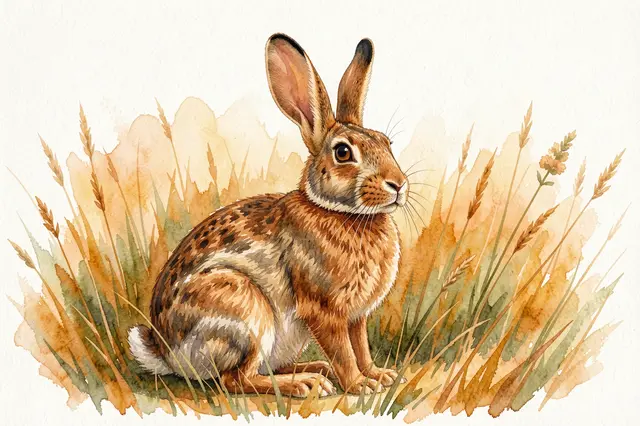 Watercolor illustration of a brown hare sitting upright in tall warm-toned meadow grass with ears raised
