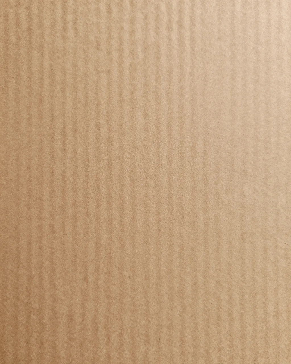 Close-up full frame of textured brown kraft cardboard with fine vertical ridges in even flat lighting