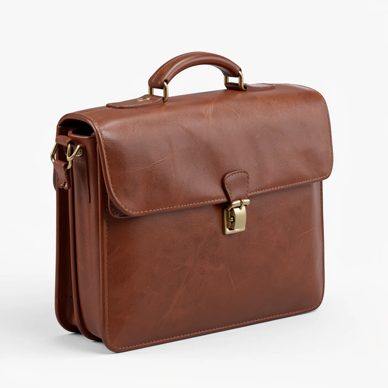 Vintage brown leather briefcase with brass hardware sits on a plain light background