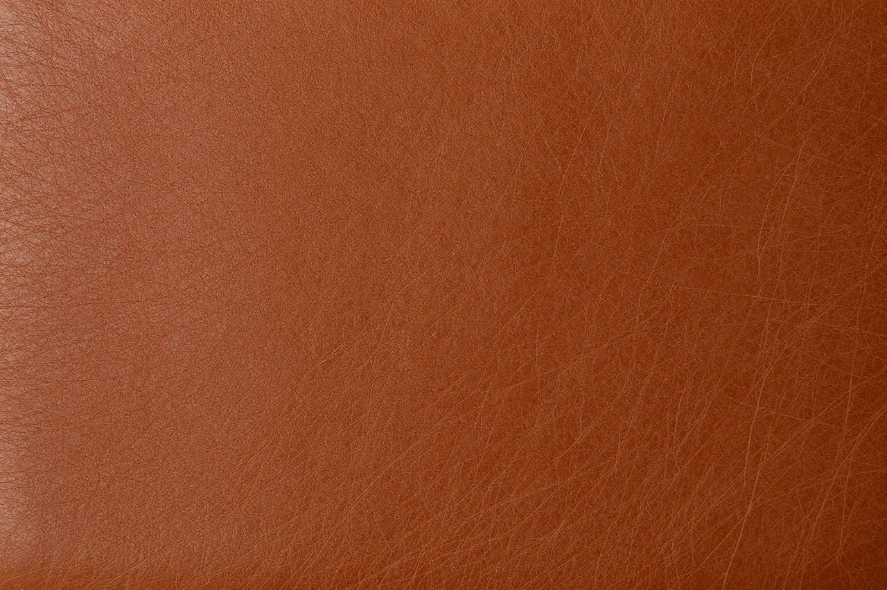 Full frame close-up view of warm brown leather with natural fine grain texture