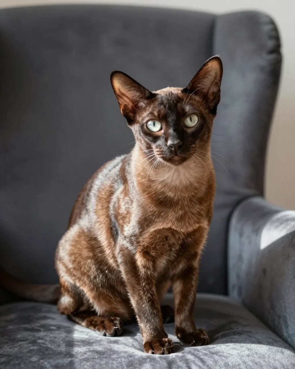 Chocolate brown Oriental Shorthair cat sits upright on a gray velvet armchair looking at the camera