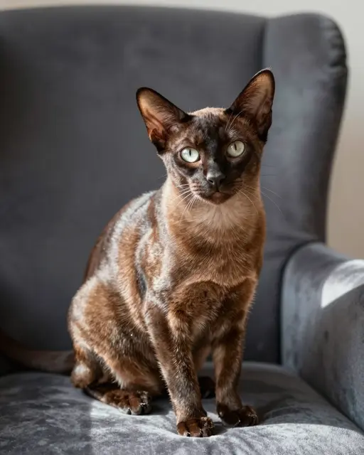Chocolate brown Oriental Shorthair cat sits upright on a gray velvet armchair looking at the camera