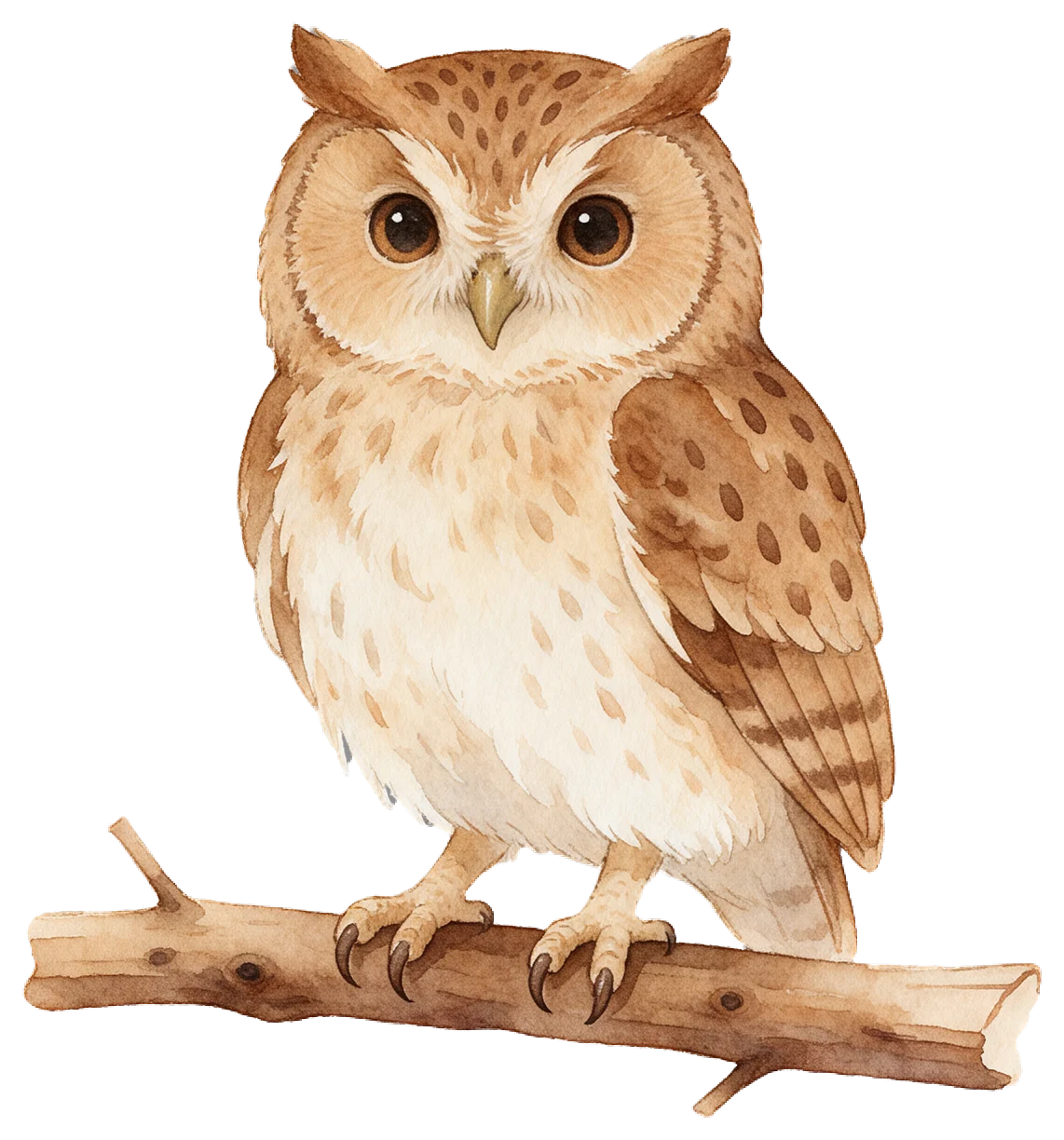 Soft watercolour illustration of a friendly small brown owl sitting on a short wooden branch