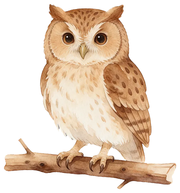 Soft watercolour illustration of a friendly small brown owl sitting on a short wooden branch