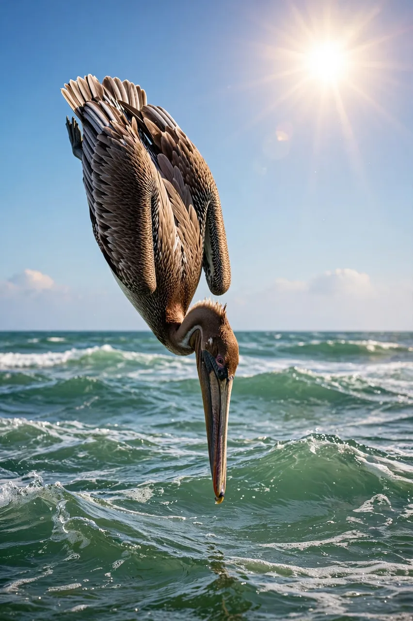 A brown pelican dives headfirst toward green ocean waves under a bright sunny sky
