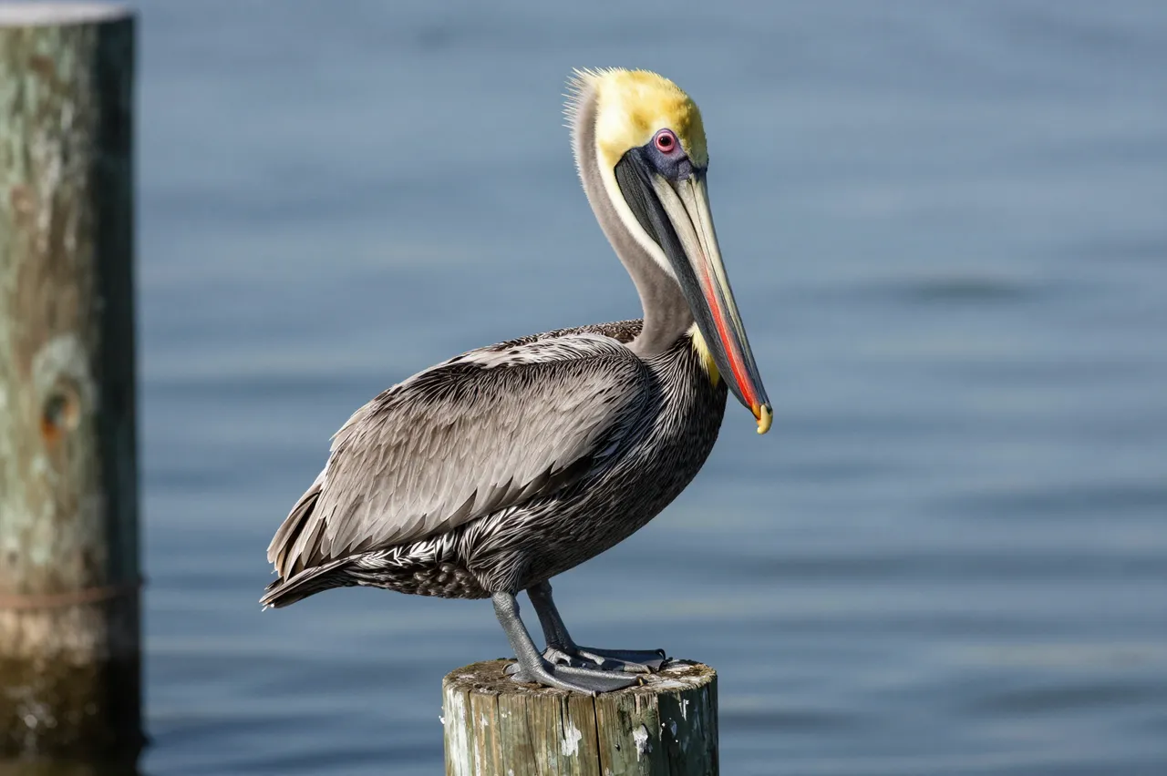 A brown pelican perches calmly on a weathered wooden pier post above calm blue water.