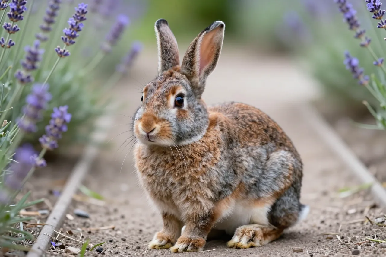 A multicolored brown and gray rabbit sits upright on a dirt garden path lined with purple lavender plants.