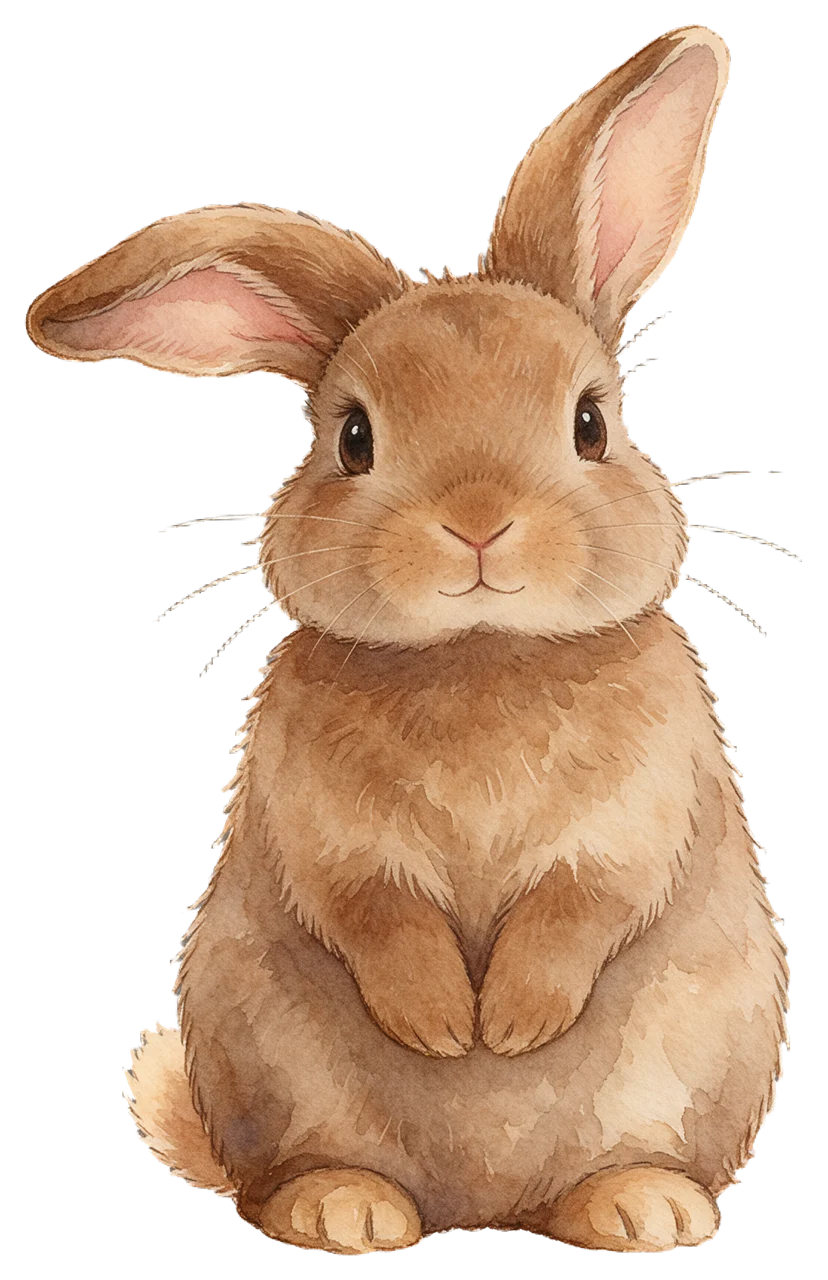 Soft watercolour illustration of a brown rabbit sitting upright with one folded ear