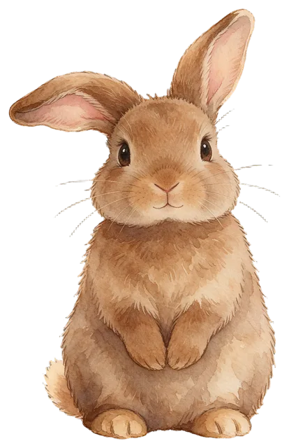 Soft watercolour illustration of a brown rabbit sitting upright with one folded ear