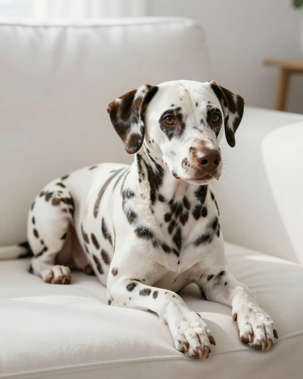 A brown-spotted Dalmatian lies on a white upholstered sofa in soft morning light, looking at the camera.