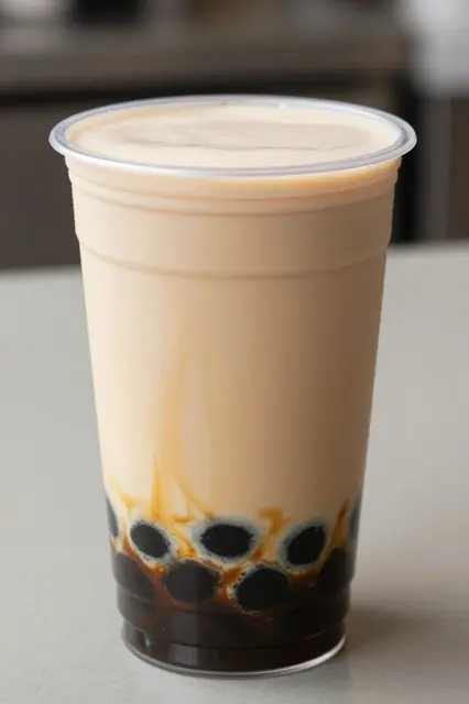 A plastic cup of brown sugar bubble tea with tapioca pearls and syrup streaks rests on a light countertop.