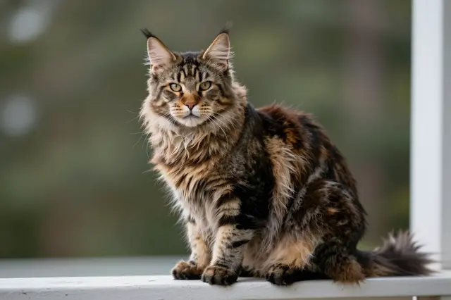 A fluffy brown tabby Maine Coon cat sits upright on a white wooden porch railing, looking toward the camera.