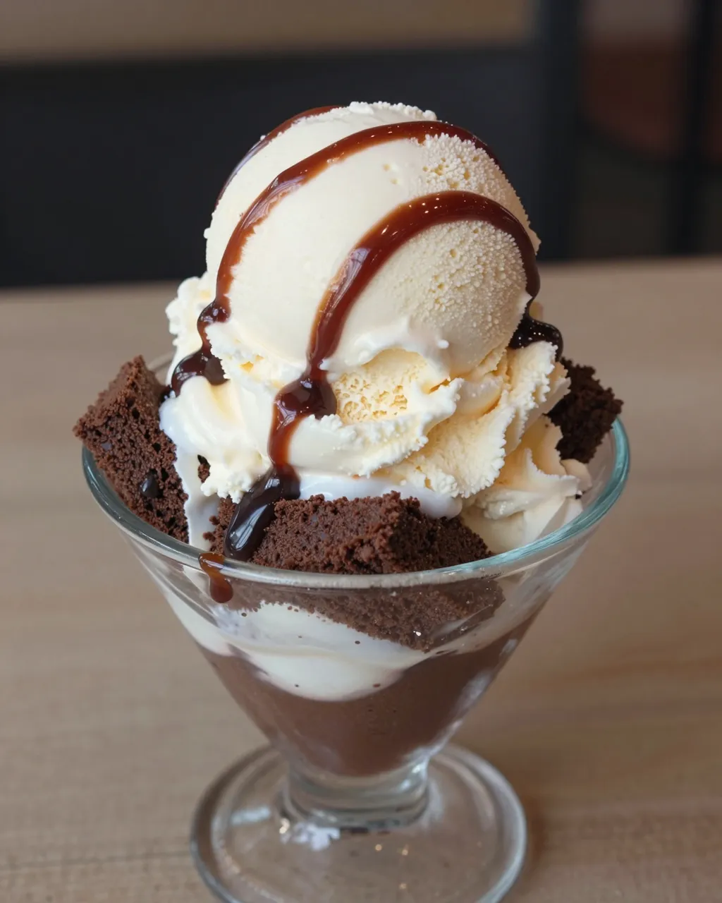A glass dessert cup holds a brownie sundae topped with vanilla ice cream and drizzled hot fudge.