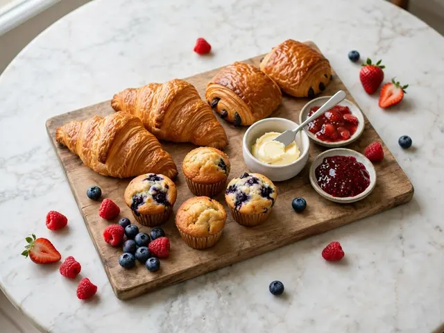 A wooden serving board holds croissants, muffins, jam, butter, and fresh berries on a round marble table.