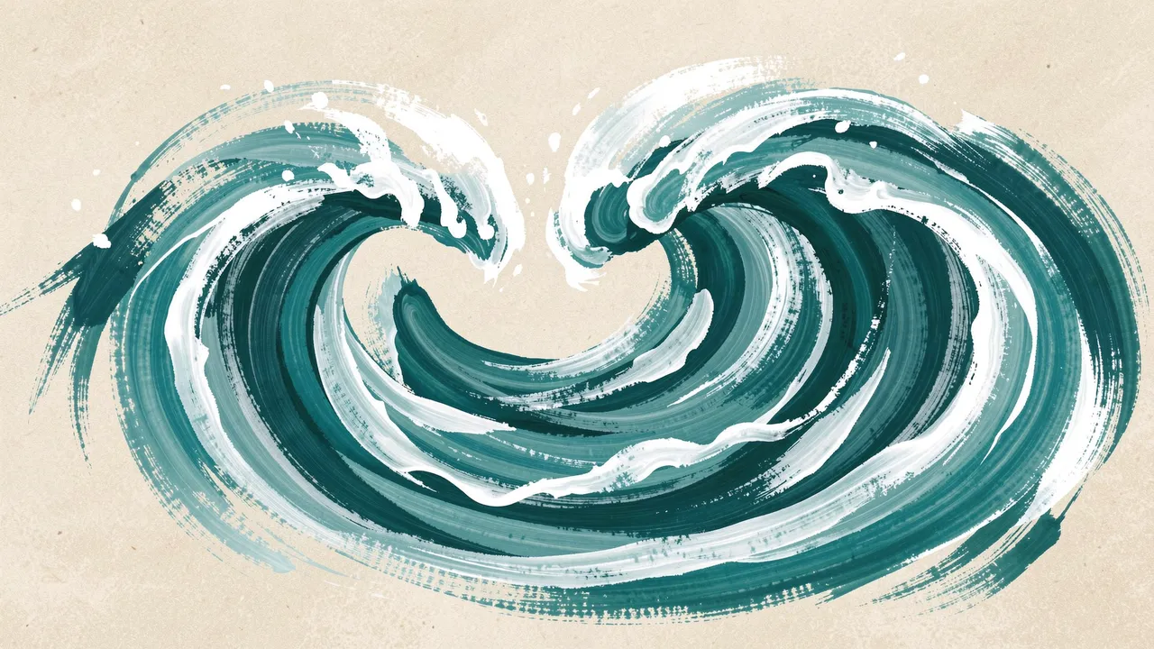 Hand-painted curling teal ocean wave with white brushstroke crests on pale beige background