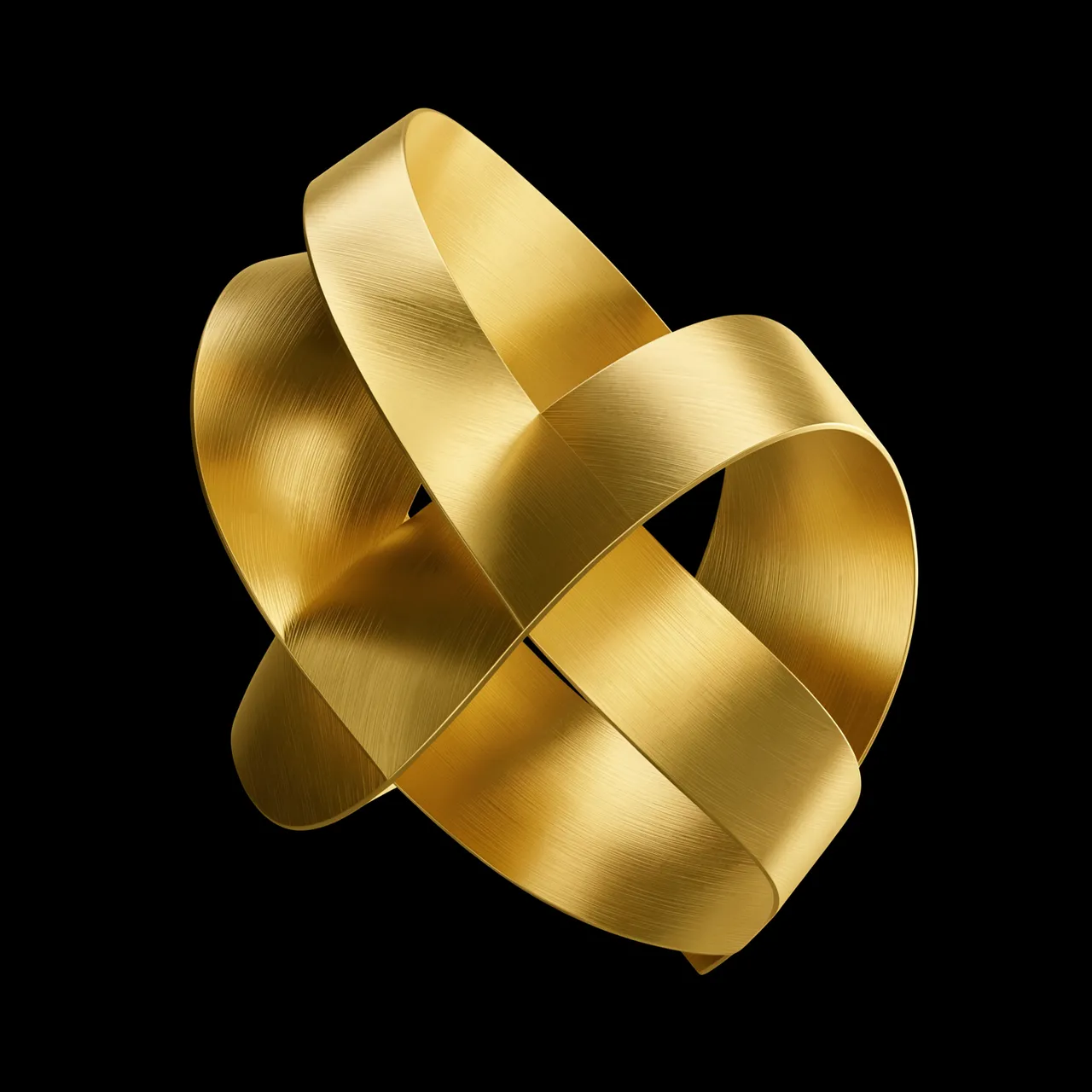 Interlocking curved sheets of brushed gold form an abstract 3D sculpture against a solid black background