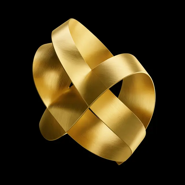 Interlocking curved sheets of brushed gold form an abstract 3D sculpture against a solid black background