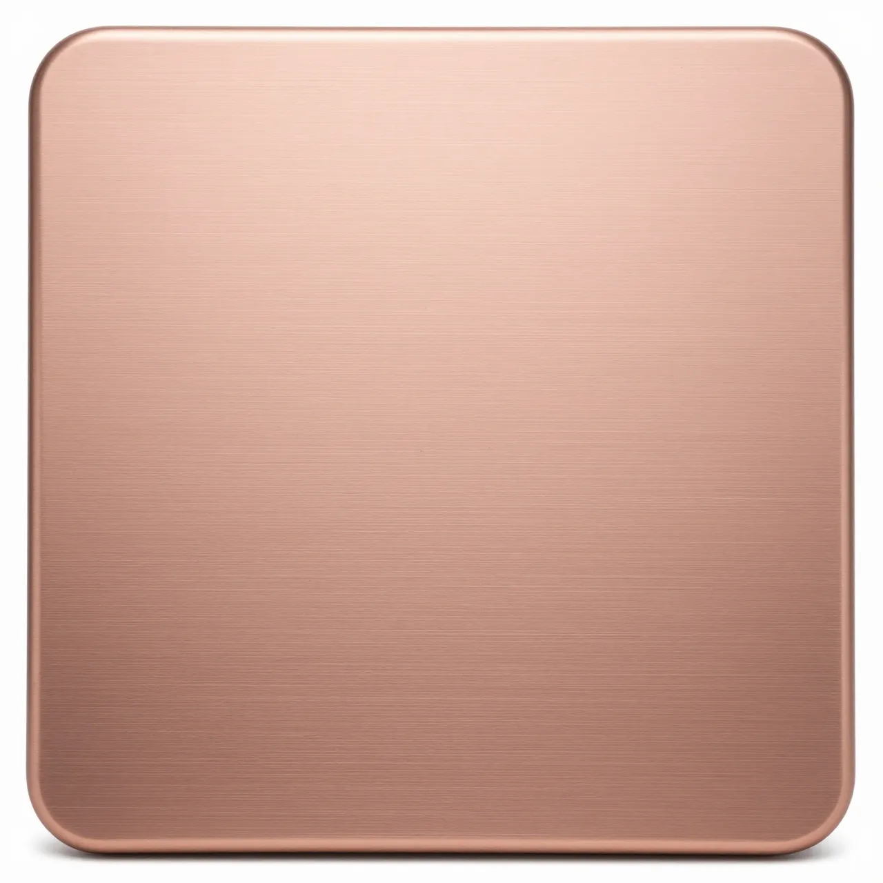 A rounded square of brushed rose gold metal sits against a plain white background with soft warm sheen.