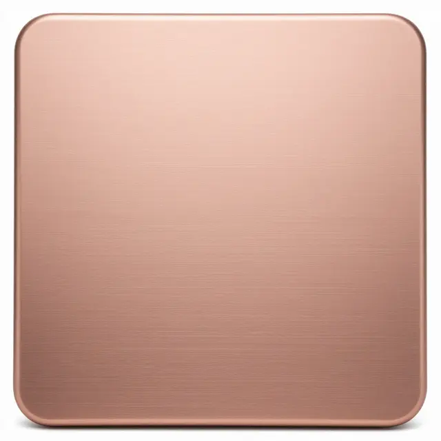 A rounded square of brushed rose gold metal sits against a plain white background with soft warm sheen.