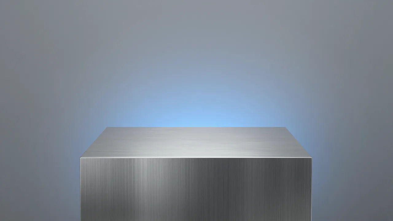 A brushed steel display pedestal sits against a cool gray gradient backdrop with soft blue rim lighting