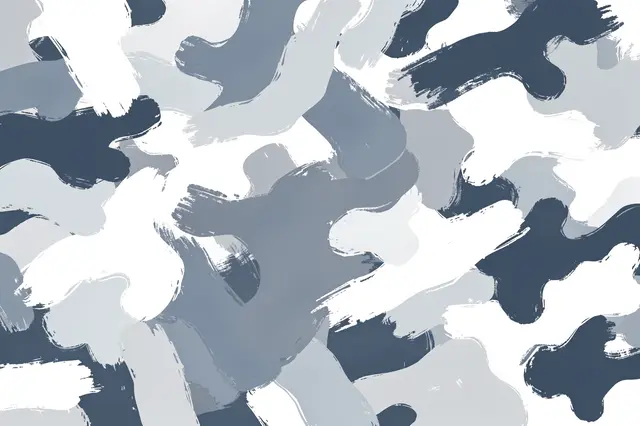 Loose painterly arctic camouflage pattern in white, pale gray, and slate blue brushstrokes