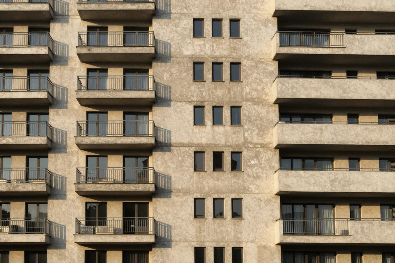 Concrete brutalist apartment building facade with repeating balconies lit by warm golden hour sunlight
