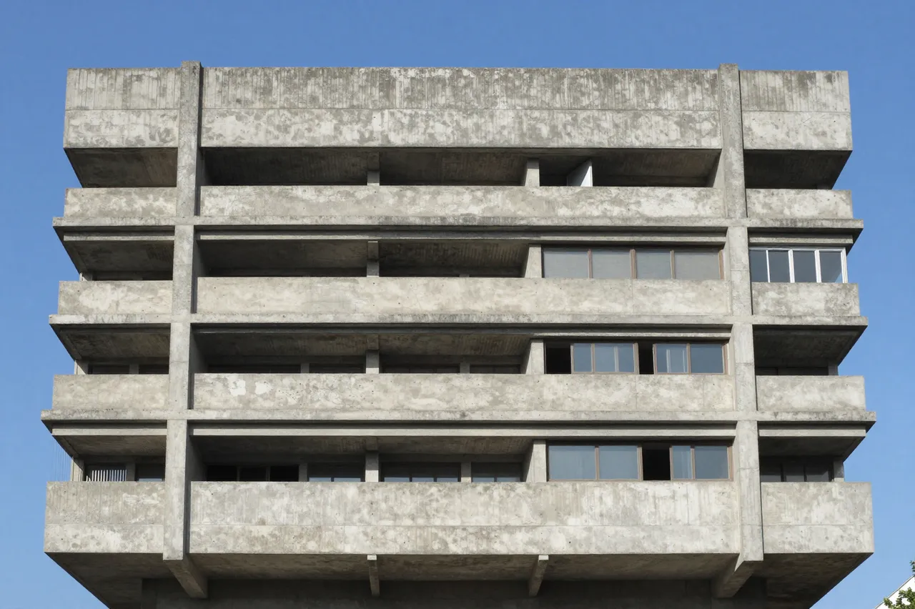 Upper floors of a weathered brutalist concrete building stand against a clear bright blue sky.