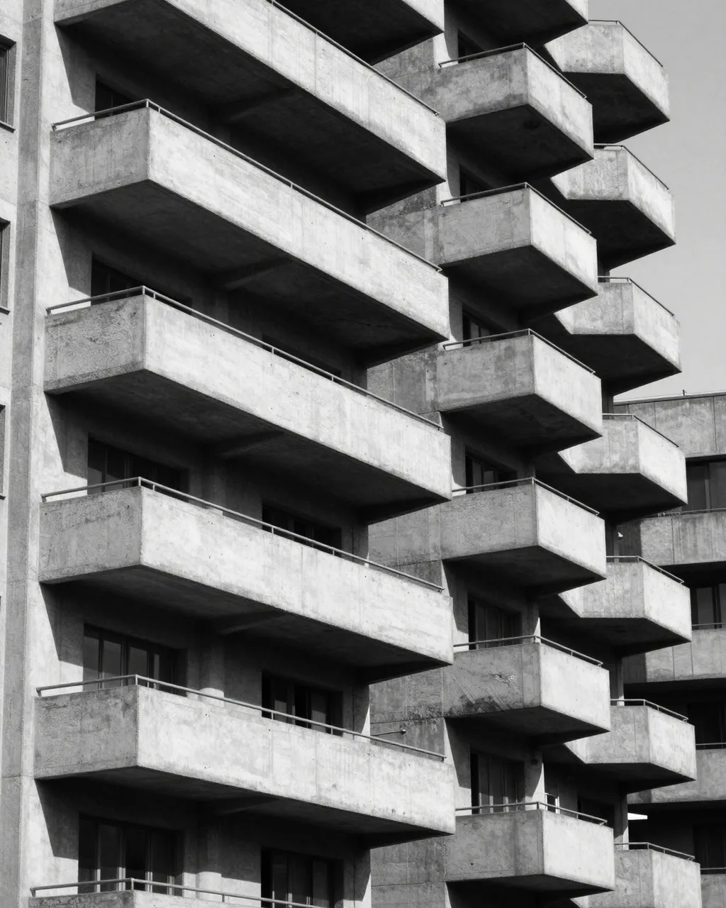 Black and white close-up of stacked angular concrete balconies on a brutalist apartment block with sharp midday shadows