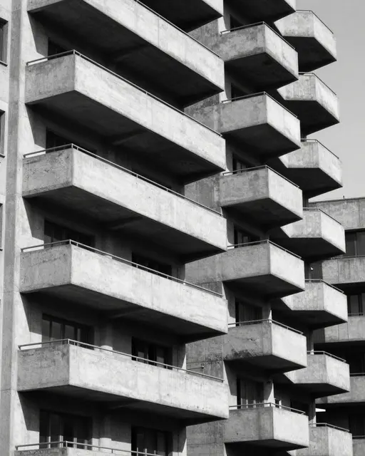 Black and white close-up of stacked angular concrete balconies on a brutalist apartment block with sharp midday shadows