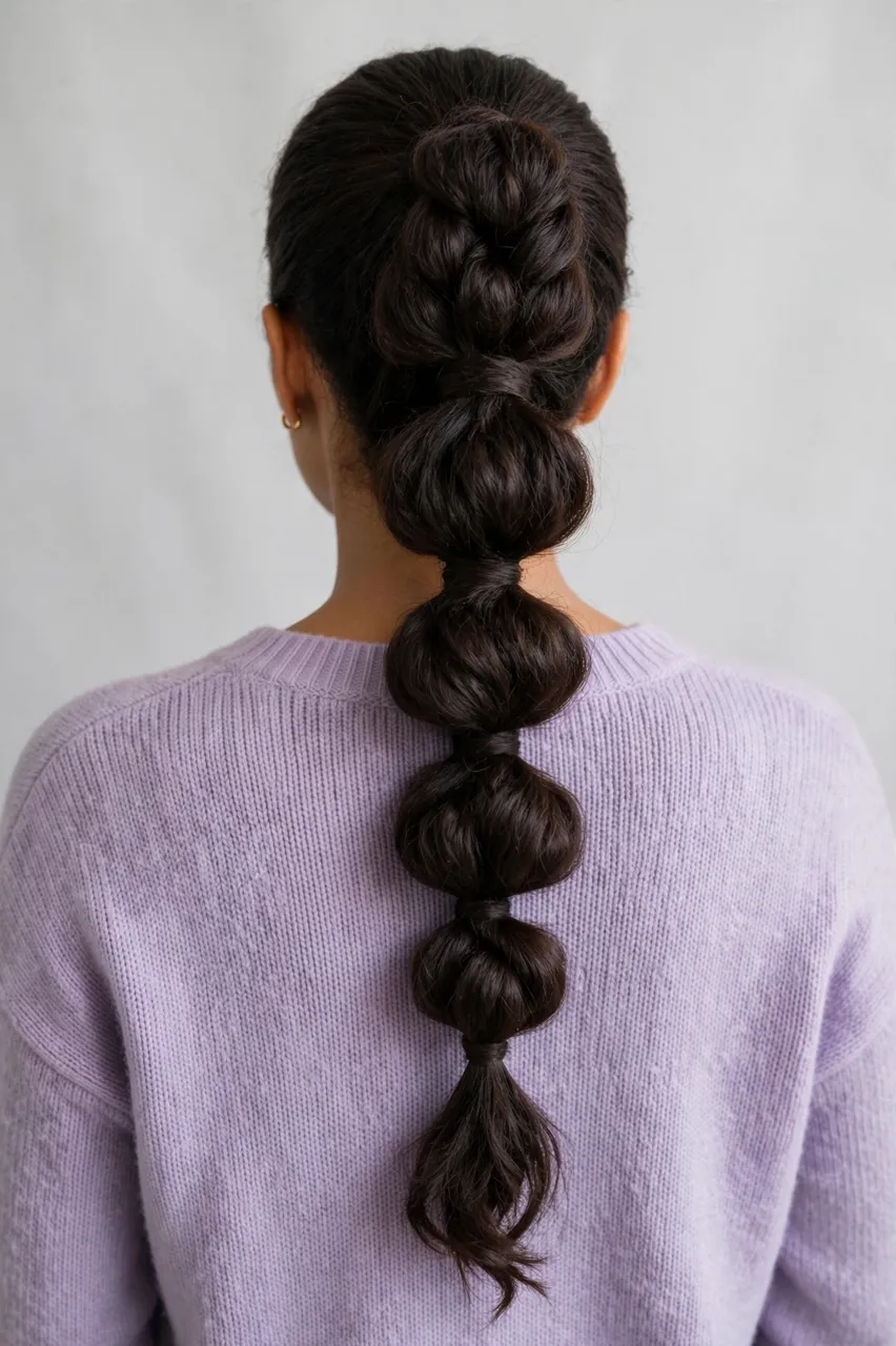Back view of a woman showing a puffy bubble braid hairstyle over a lavender knit sweater