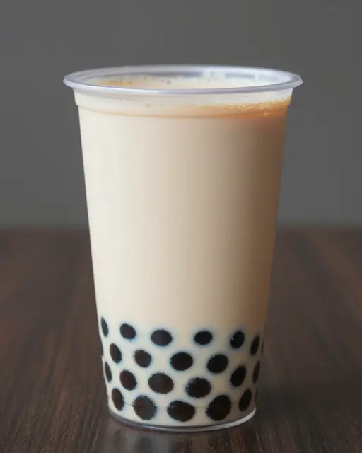 A clear plain plastic cup of milk bubble tea with tapioca pearls sits on a dark wooden table