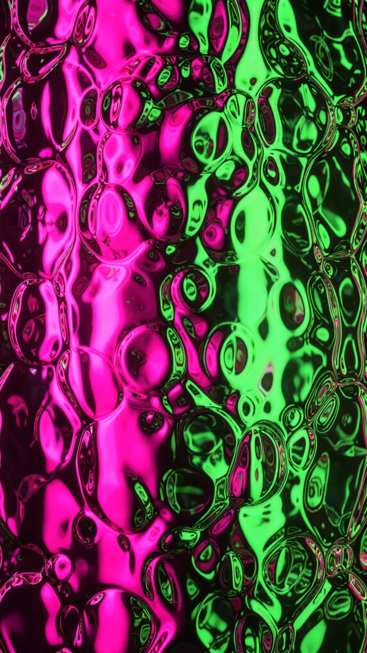 Vertical 3D render of bubbled glass distorting bright pink and green neon light streaks
