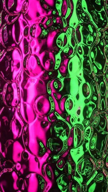 Vertical 3D render of bubbled glass distorting bright pink and green neon light streaks