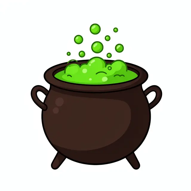 A cartoon brown cauldron holds bright bubbling green potion with rising floating bubbles against a plain white background.