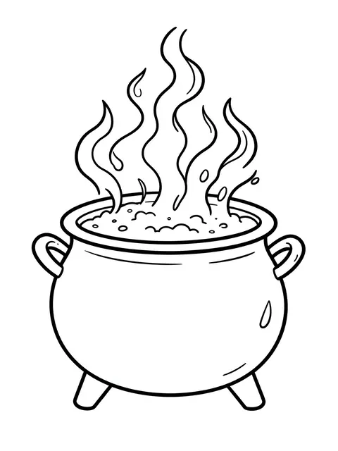 Bold simple black line drawing of a bubbling cauldron with rising steam on a plain white background