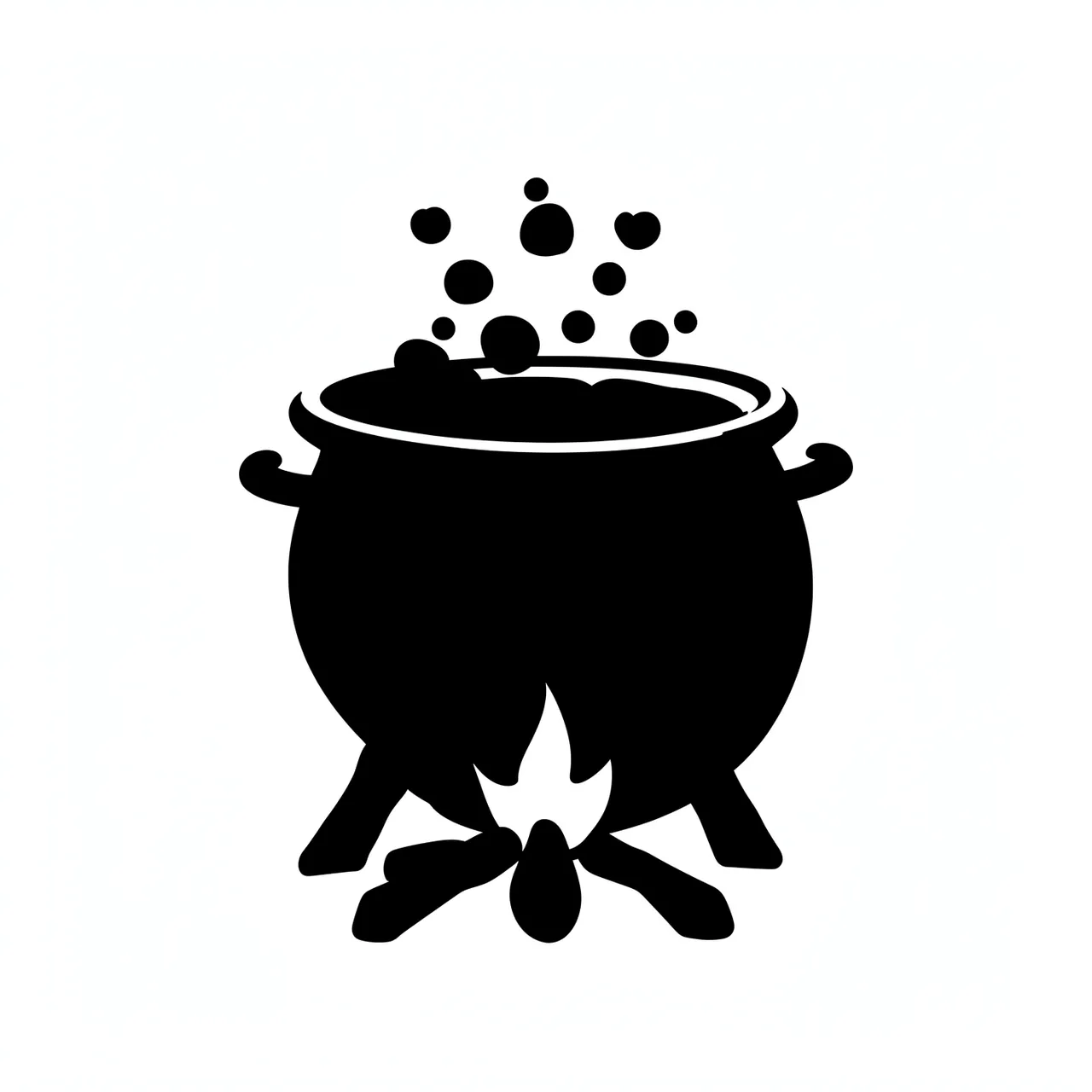 Solid black silhouette of a bubbling cauldron over a small fire on a plain white background
