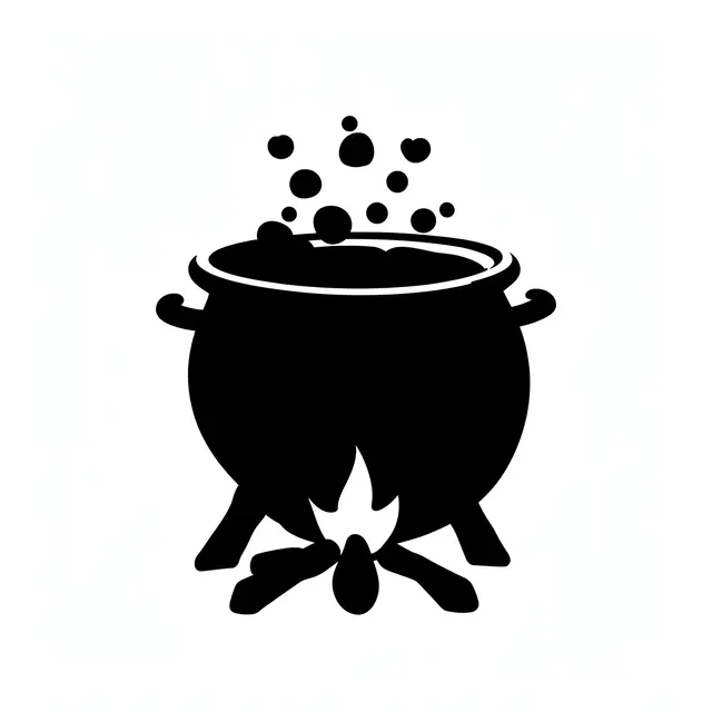 Solid black silhouette of a bubbling cauldron over a small fire on a plain white background