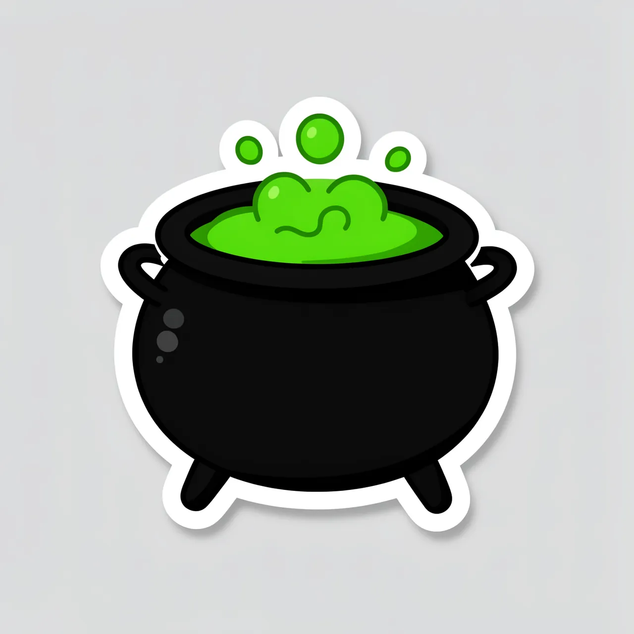 A die-cut sticker of a black cauldron with bubbling green potion set against a light gray background