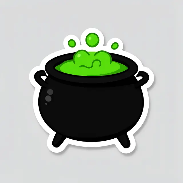 A die-cut sticker of a black cauldron with bubbling green potion set against a light gray background