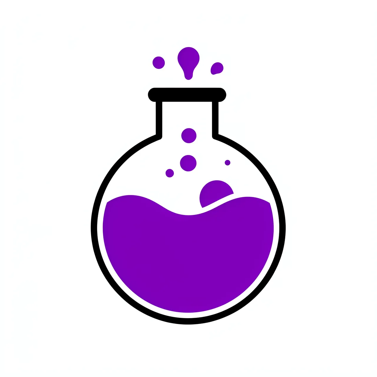 Flat vector icon of a round boiling flask with bubbling purple liquid on a solid white background